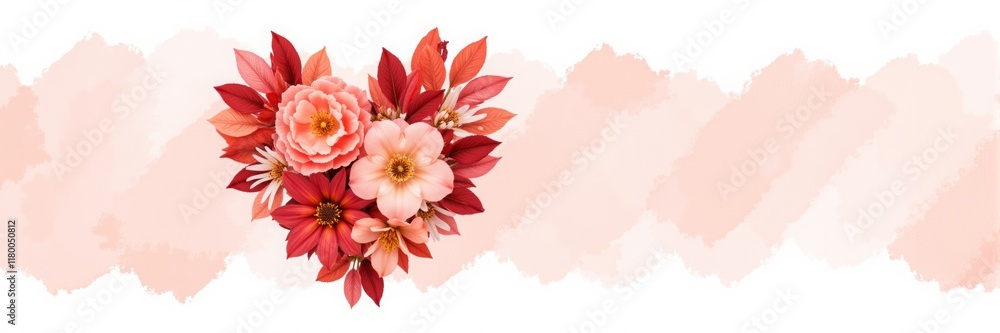 Obraz premium Floral heart arrangement with pink and red flowers on watercolor background