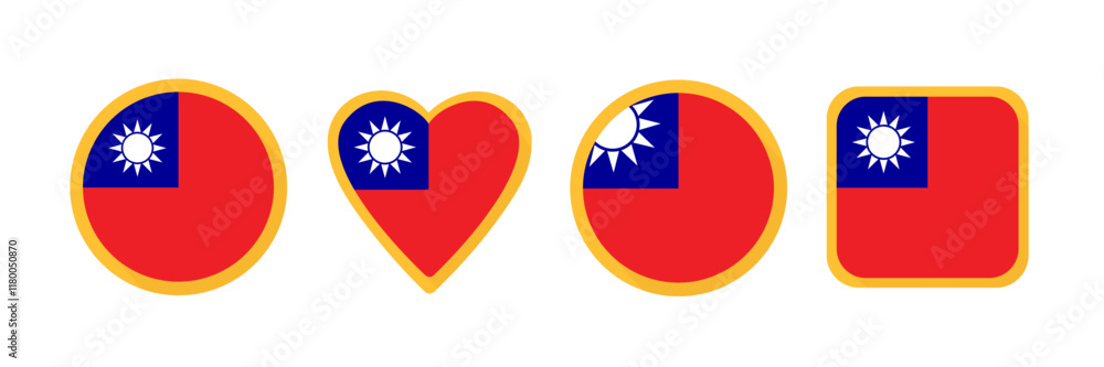 Obraz premium Taiwan flag icon set of square, circle and heart-shaped. Flat vector illustration isolated on white.