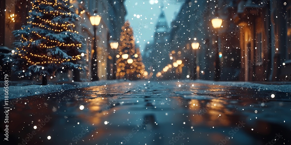 Winter cityscape with blurred festive lights, snowy atmosphere, urban charm Winter cityscape with blurred festive lights, snowy atmosphere, urban charm
