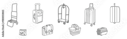 Luggage and Baggage Line Icon and Object Vector Set