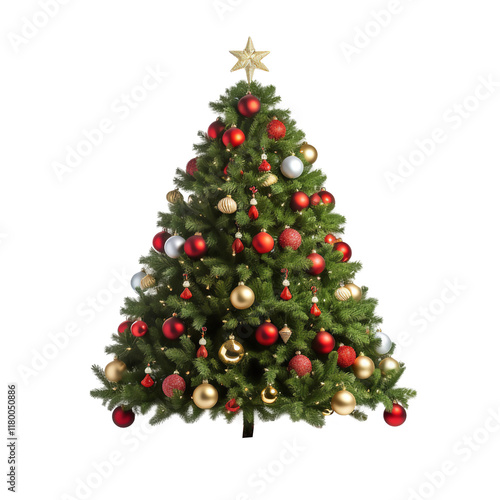 Christmas Tree with Red and Gold Ornaments on transparent background
