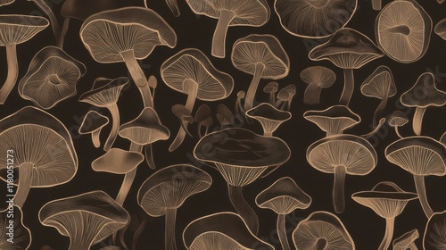 Captivating Mushroom Illustrations on Dark Background, Exquisite Botanical Art Print, Detailed Linework, Golden Hues, Mushroom Pattern Design