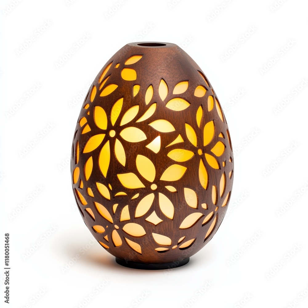 Decorative egg-shaped lantern with laser-cut floral patterns glowing softly isolated on a white background Decorative egg-shaped lantern with laser-cut floral patterns glowing softly isolated on a white background