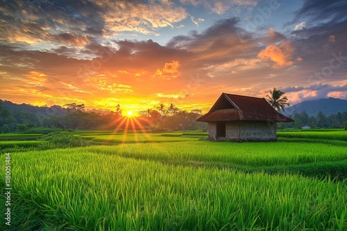 Serene Sunset over Lush Rice Paddy with Humble Hut
