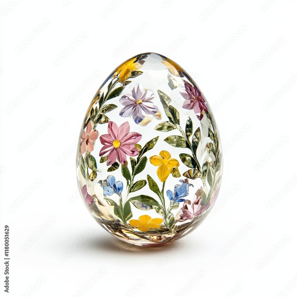 Crystal Easter egg with prismatic light reflections and embedded floral designs isolated on a white background Crystal Easter egg with prismatic light reflections and embedded floral designs isolated on a white background