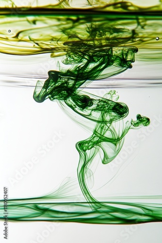 Abstract image of green and yellow dye swirling in water, creating an artistic, fluid design. photo