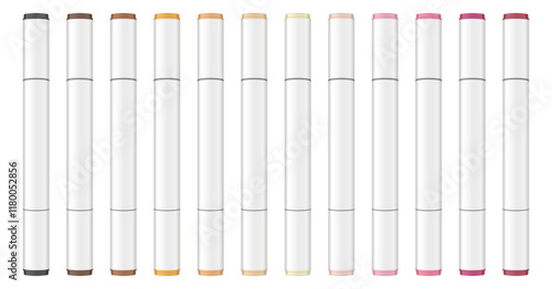 Set of multicolored dual tip markers. Pastel palette. Coloring or sketching supplies. Water-based or alcohol marker pen