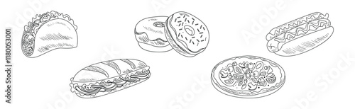 Fast Food and Appetizing Snack Sketch Drawing Vector Set