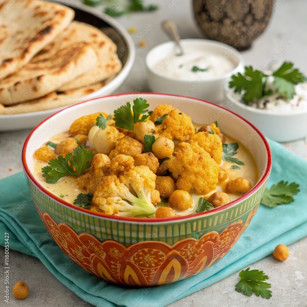 Vibrant Bowl of Butter Cauliflower and Chickpeas With Naan. Generative AI Vibrant Bowl of Butter Cauliflower and Chickpeas With Naan. Generative AI