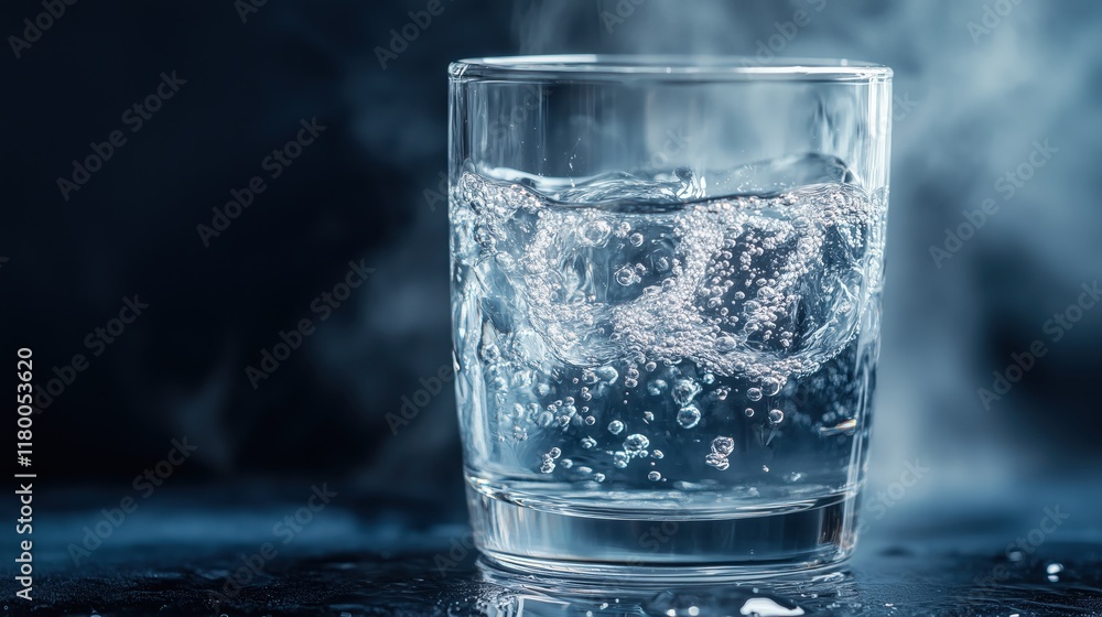 Szklanka z gorącą wodą, z widoczną parą unoszącą się nad powierzchnią, przedstawiona na ciemnym tle. Szklanka z gorącą wodą, z widoczną parą unoszącą się nad powierzchnią, przedstawiona na ciemnym tle.