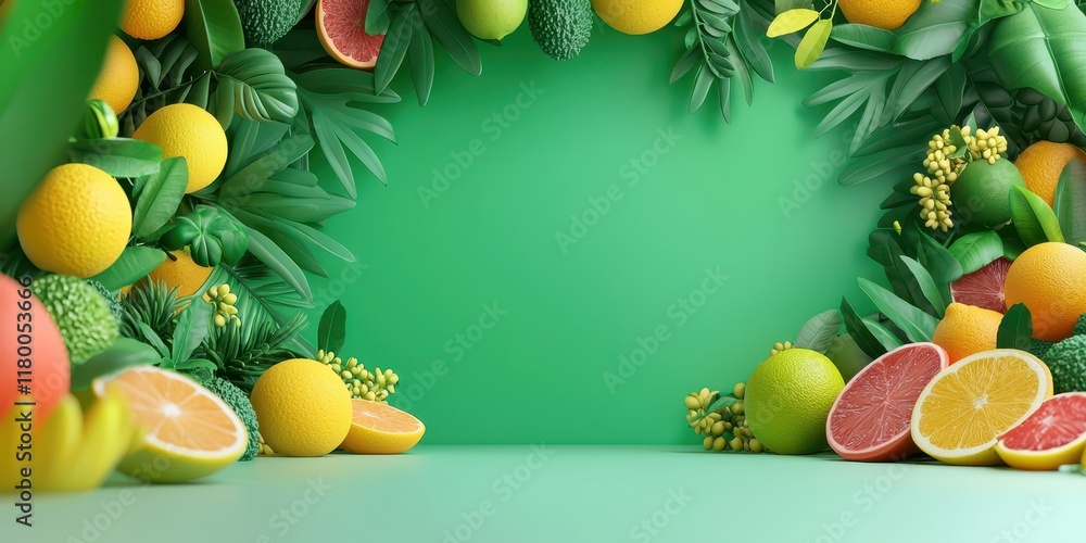 A vibrant arrangement of various fruits and green leaves against a bright green background, creating a fresh and colorful display. A vibrant arrangement of various fruits and green leaves against a bright green background, creating a fresh and colorful display.