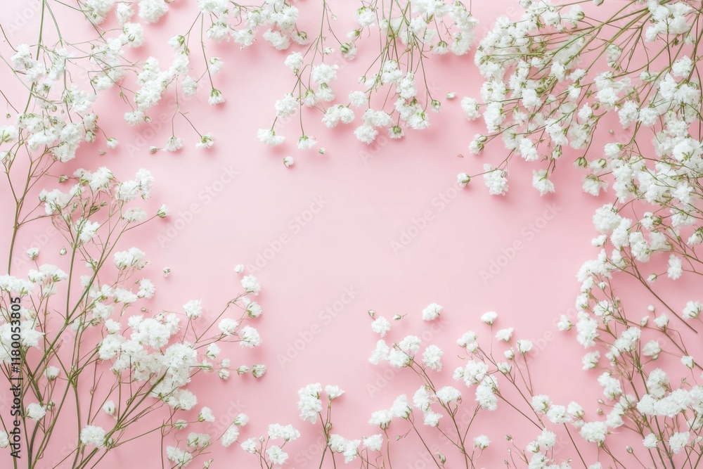 Floral Elegance: Delicate white gypsophila blossoms cascade over a soft pink backdrop, creating a visually pleasing, light and airy, and romantic floral frame. Floral Elegance: Delicate white gypsophila blossoms cascade over a soft pink backdrop, creating a visually pleasing, light and airy, and romantic floral frame.