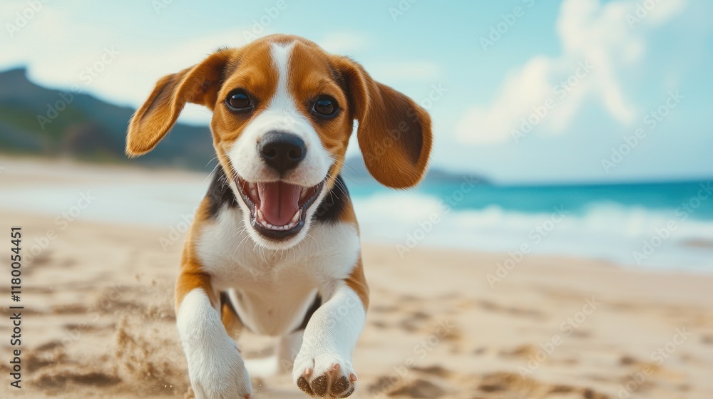 A playful beagle puppy joyfully runs along a sandy beach, with waves and a blue sky in the background, embodying happiness and freedom. A playful beagle puppy joyfully runs along a sandy beach, with waves and a blue sky in the background, embodying happiness and freedom.