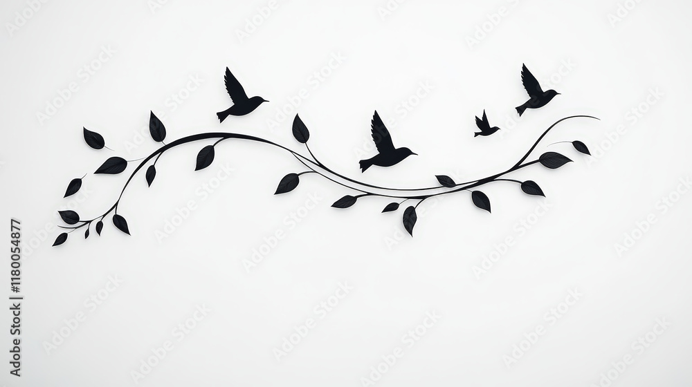 Obraz premium Dark silhouettes of birds are depicted in flight along a decorative vine with leaves