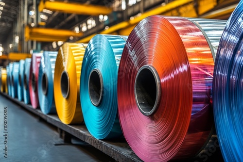 Organic coated steel coils, lined up, in an industrial facility with equipment in the background