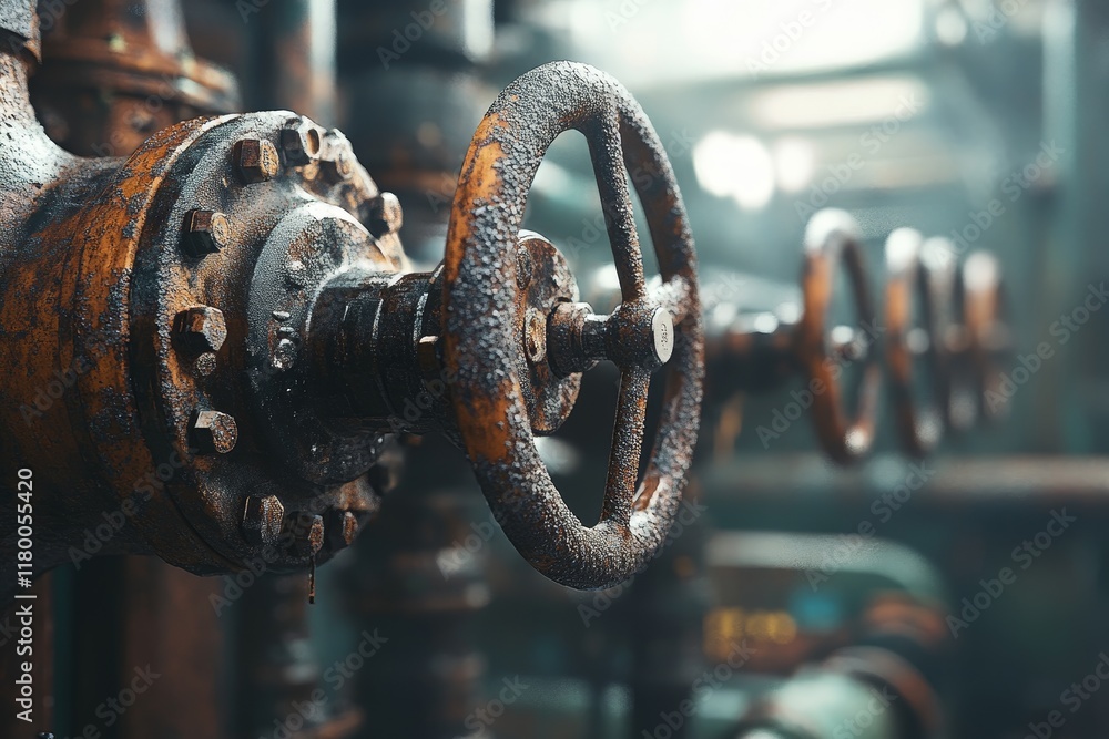 Intricate industrial valves and pipes with rusted valve wheel in a mechanical setting Intricate industrial valves and pipes with rusted valve wheel in a mechanical setting