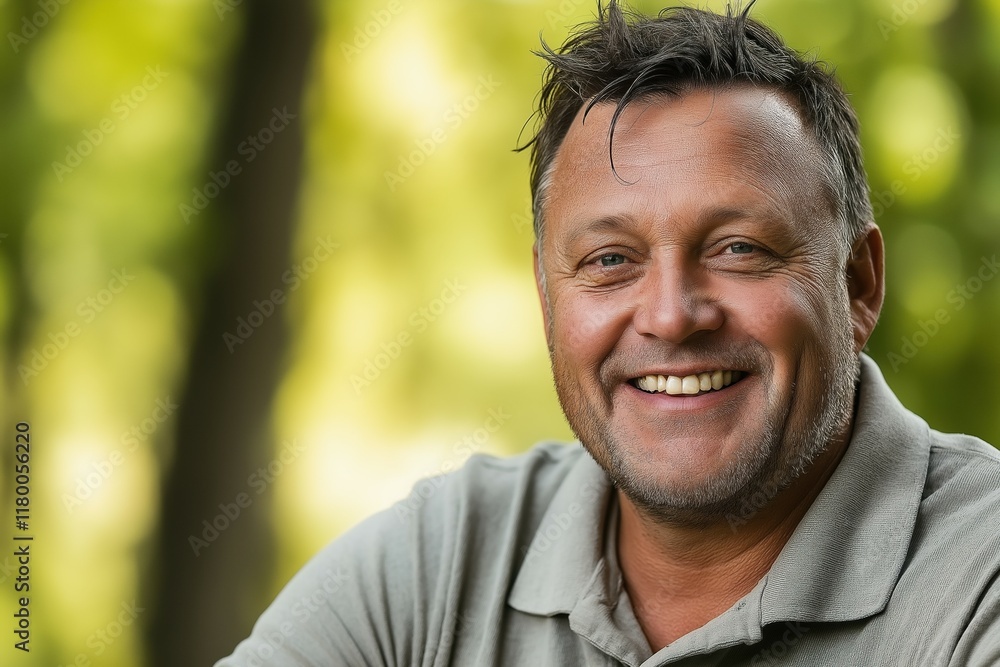 Smiling caucasian mature male in outdoor setting with green background Smiling caucasian mature male in outdoor setting with green background