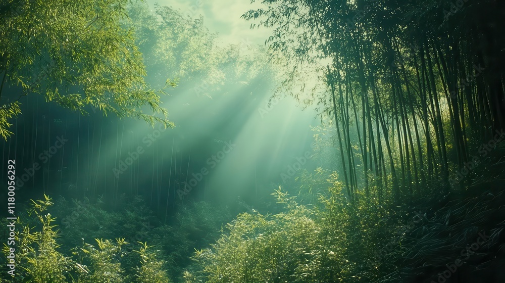 Obraz premium Serene bamboo forest nature scene lush greenery tranquil environment captivating viewpoint peaceful atmosphere for relaxation