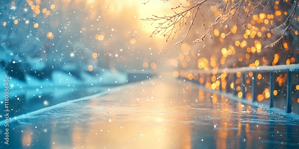 Naklejka premium Blurred glowing lights on snowy city streets, creating a cozy wintery urban backdrop with warm and tranquil ambiance, style book illustration