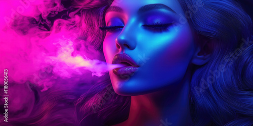 Modern vape shop banner featuring stylish woman vaping in an urban setting with neon lights and graffiti