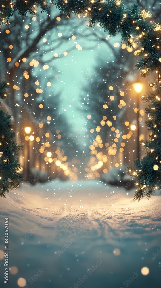 Obraz premium Blurred glowing lights on snowy city streets, creating a cozy wintery urban backdrop with warm and tranquil ambiance, style book illustration
