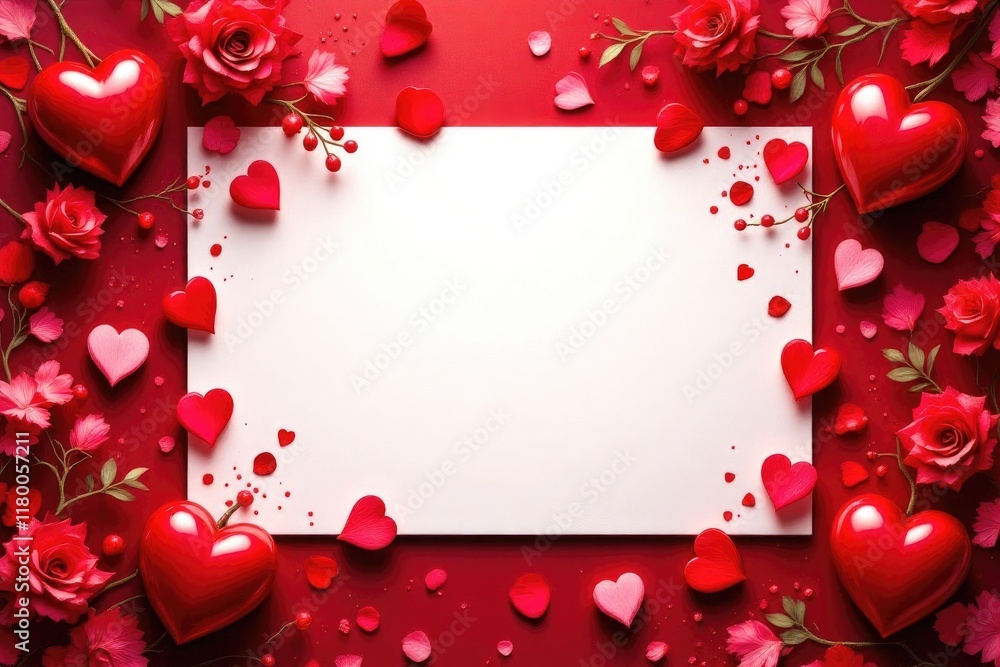 Romantic red heart and rose border with blank white center for valentine's day Romantic red heart and rose border with blank white center for valentine's day
