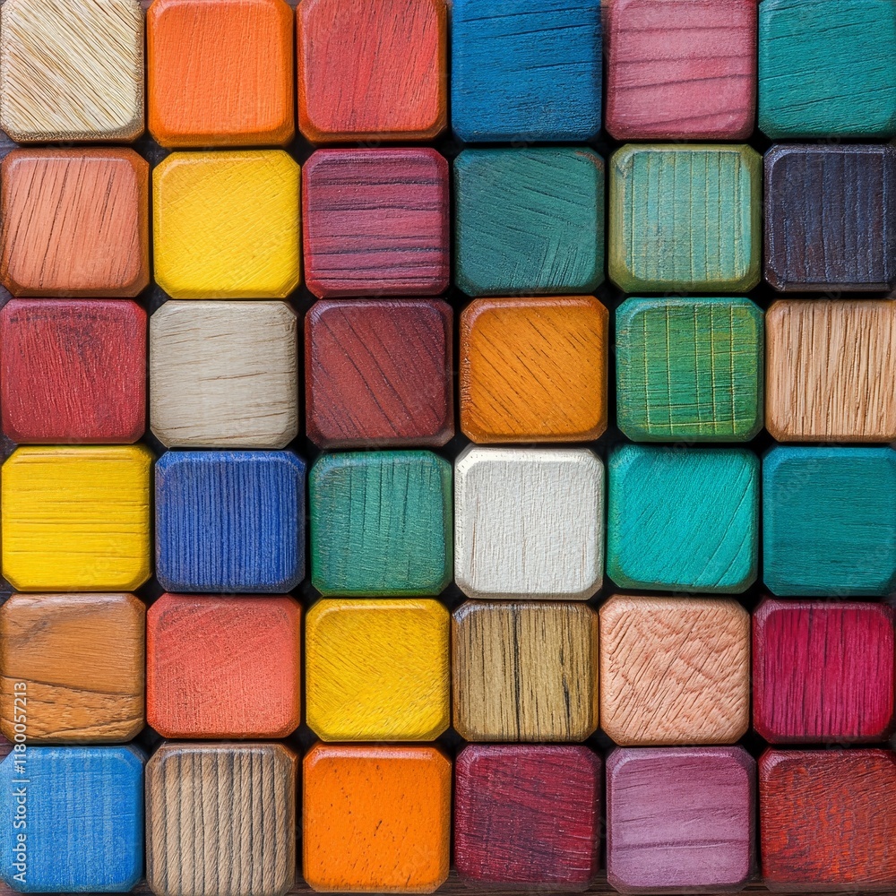 A pattern of colorful wooden blocks arranged in a grid. A pattern of colorful wooden blocks arranged in a grid.