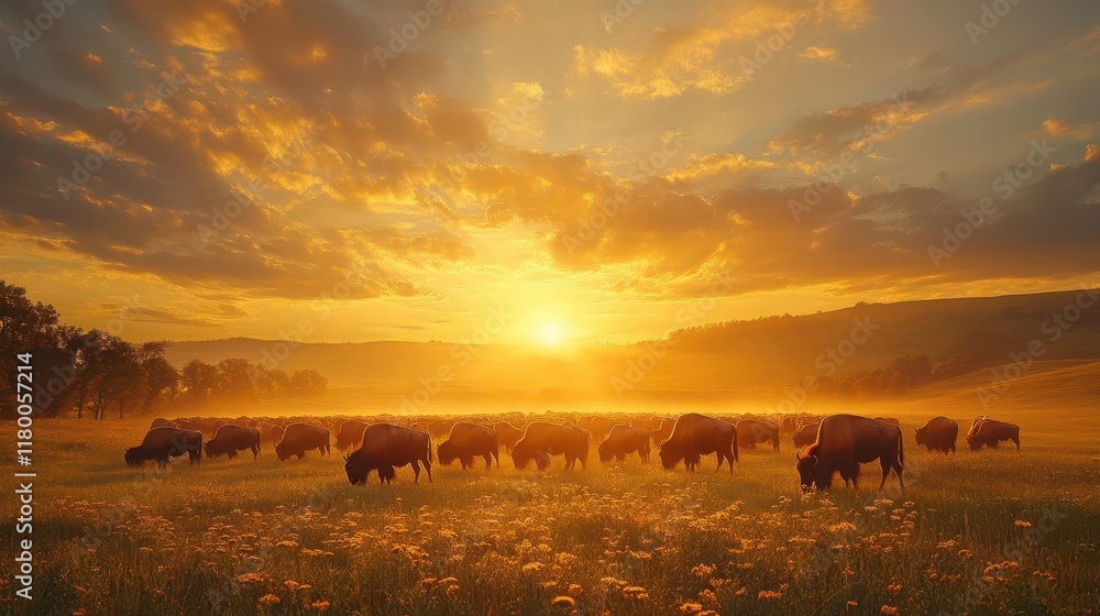 Buffalo herd grazing at sunrise in a serene meadow nature scene tranquil environment scenic view Buffalo herd grazing at sunrise in a serene meadow nature scene tranquil environment scenic view