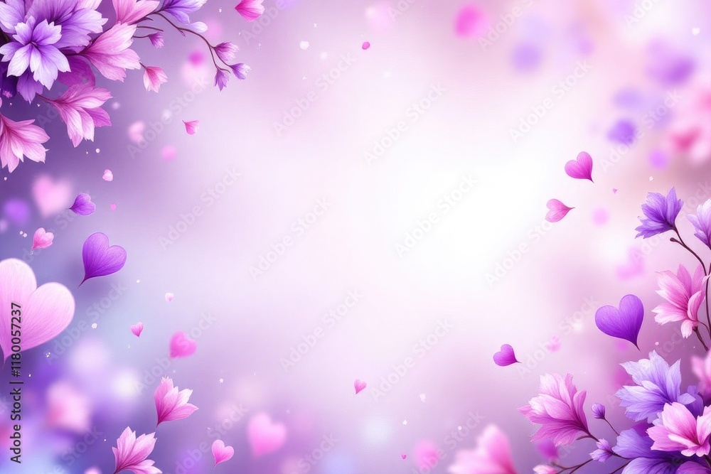Pastel floral and heart background with soft purple and pink tones Pastel floral and heart background with soft purple and pink tones