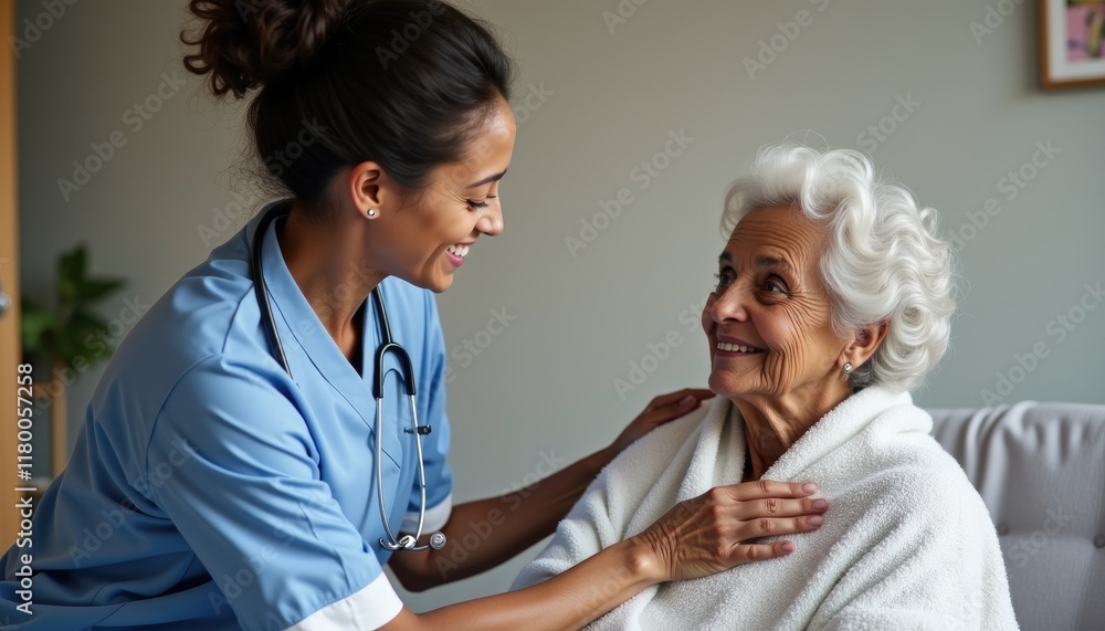 Obraz premium Young hispanic nurse assisting elderly woman at home