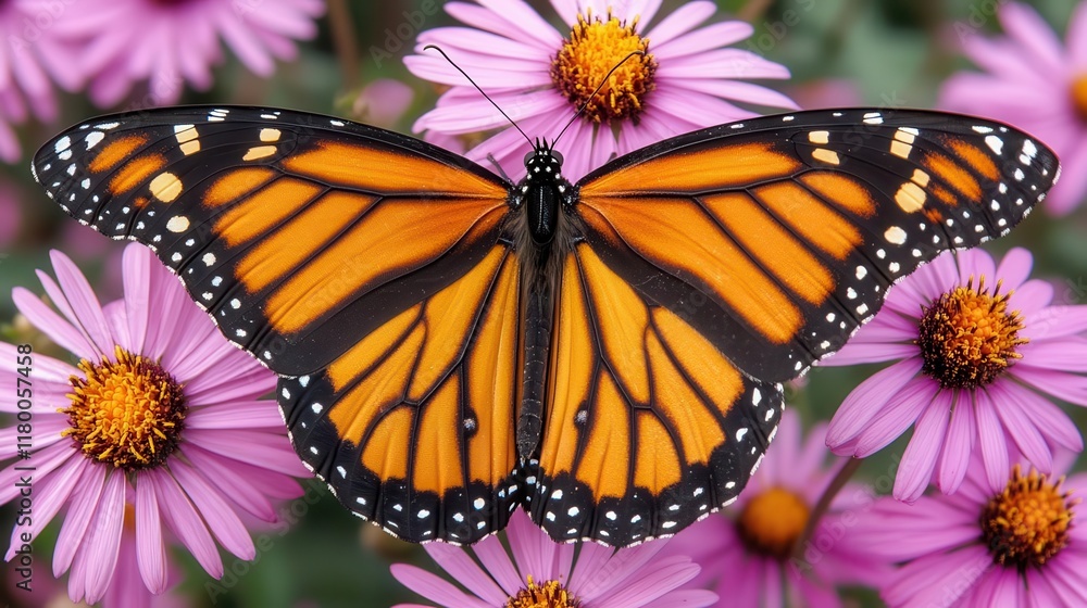 Fototapeta premium Monarch butterfly on pink flowers garden wildlife photography natural habitat close-up beauty of nature
