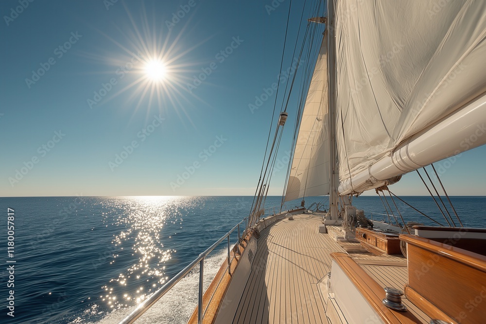 Fototapeta premium Sailing on open seas under the bright sun with clear blue skies