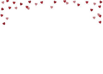 Happy Valentines day, birthday festive composition. Love, wedding banner. Red pink glittering hearts confetti isolated on background. Celebration, party. Sparkling metallic texture. Flatlay overlay