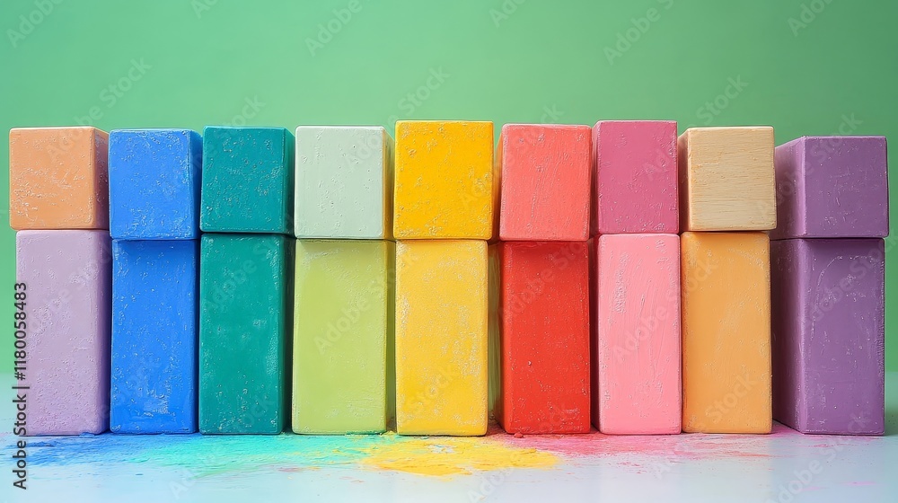 A pattern of colorful wooden blocks arranged in a grid.