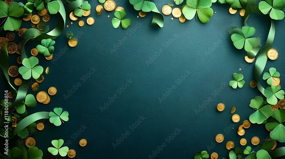 Naklejka premium Green Shamrock Leaves and Clovers on Dark Background for St Patrick s Day