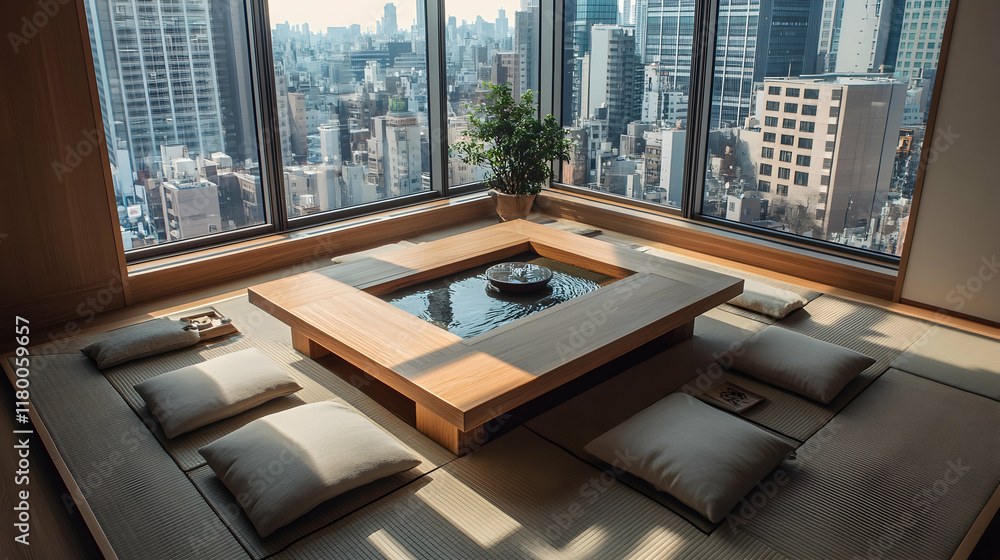 Japanese-style tatami living room with a low wooden table, neutral cushions and an indoor water feature with soft trickling sounds Japanese-style tatami living room with a low wooden table, neutral cushions and an indoor water feature with soft trickling sounds