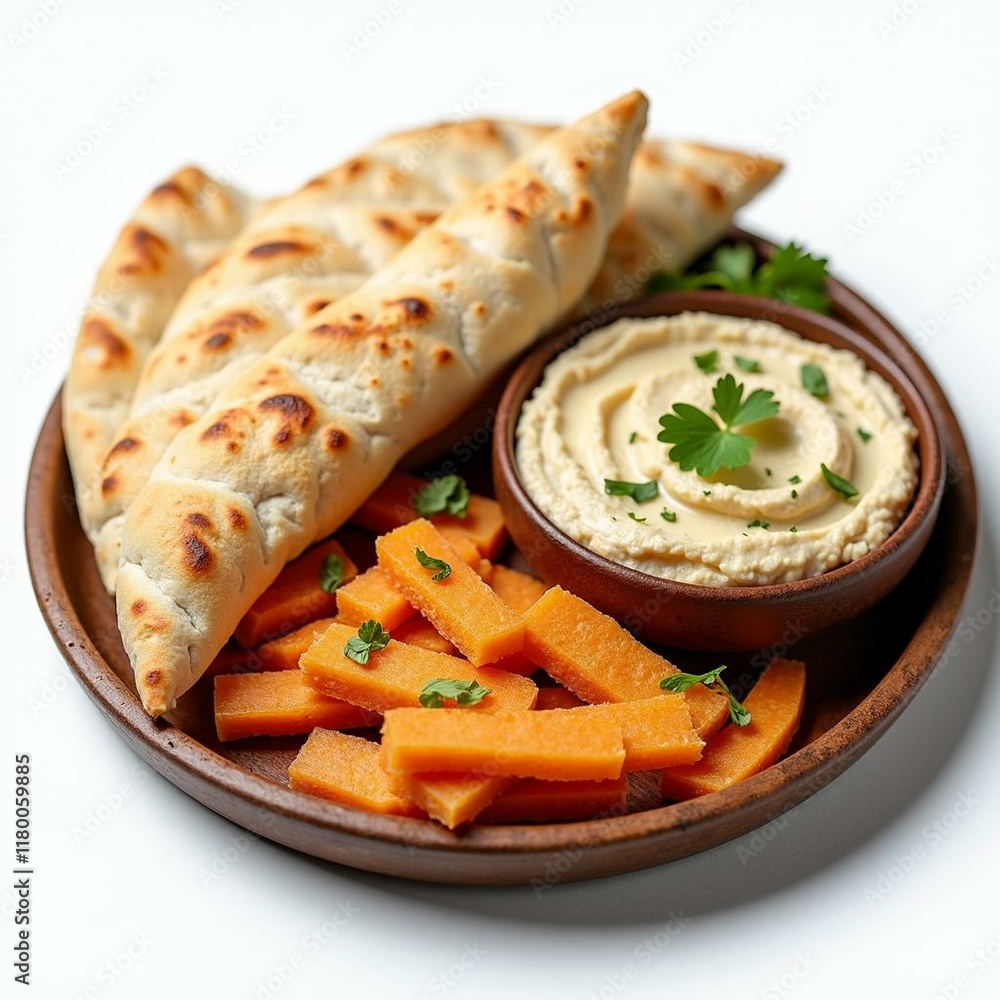 Fresh Mediterranean Platter with Pita Bread and Hummus on a Clean White Background in Detailed Macro Style Fresh Mediterranean Platter with Pita Bread and Hummus on a Clean White Background in Detailed Macro Style
