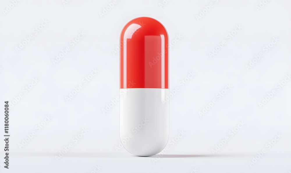 Single red and white capsule pill on white background. Single red and white capsule pill on white background.