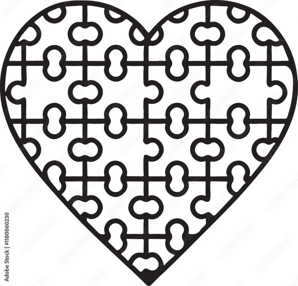 Silhouette vector of a heart shape made from puzzle pieces, symbolizing love, connection, and unity, ideal for romantic, creative, or mental health designs.