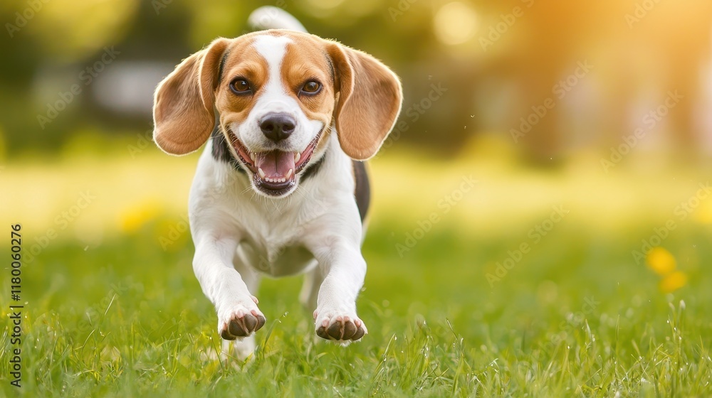 A joyful Beagle dog running through green grass, exuding energy and happiness in a sunny outdoor setting.