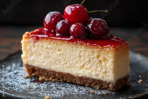 Slice of creamy cheesecake with graham cracker crust, topped with vibrant red cherry sauce photo