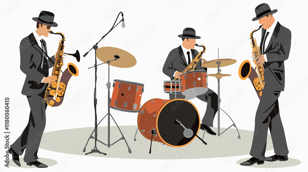 Fototapeta premium A jazz band performing music, featuring musicians playing instruments in a lively and energetic setting.
