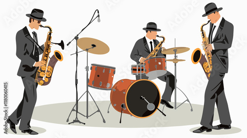 A jazz band performing music, featuring musicians playing instruments in a lively and energetic setting.