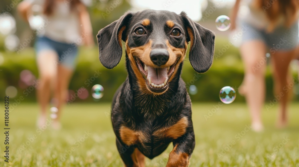 A happy dachshund runs joyfully on green grass, surrounded by playful bubbles and people in the background, capturing a moment of carefree fun. A happy dachshund runs joyfully on green grass, surrounded by playful bubbles and people in the background, capturing a moment of carefree fun.