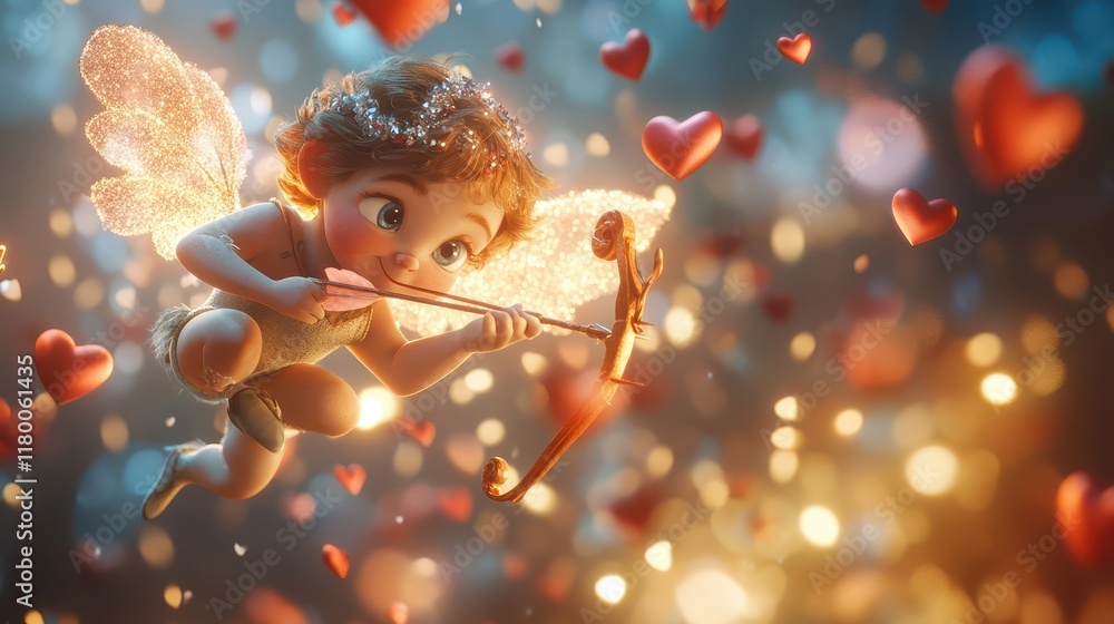 Cupid as a mischievous child with a slingshot, surrounded by floating hearts and sparkling arrows, bright and cheerful, fun and imaginative Cupid as a mischievous child with a slingshot, surrounded by floating hearts and sparkling arrows, bright and cheerful, fun and imaginative
