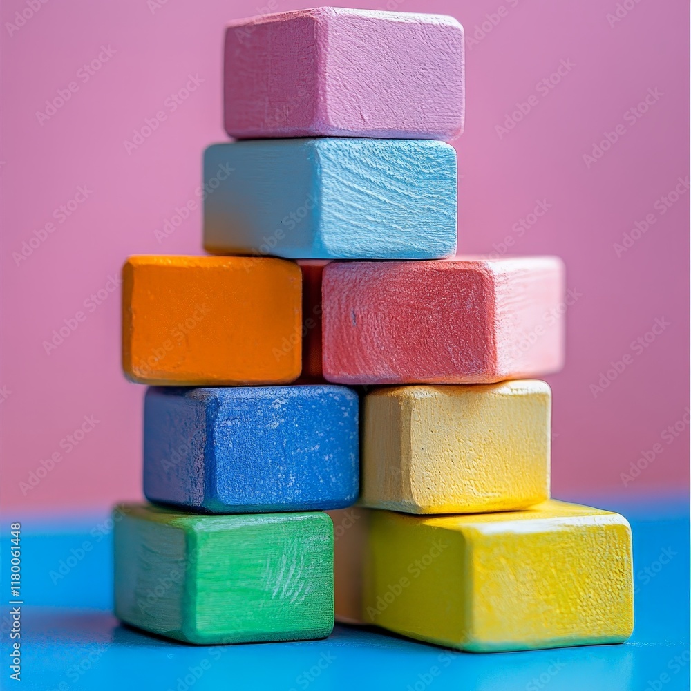 A pattern of colorful wooden blocks arranged in a grid. A pattern of colorful wooden blocks arranged in a grid.