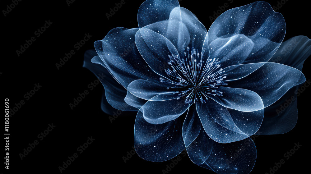 A giant flower blooms with intricate petals and delicate details, contrasting vividly with darkness A giant flower blooms with intricate petals and delicate details, contrasting vividly with darkness