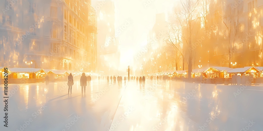 Naklejka premium Abstract blurred bokeh lights illuminating snow-covered urban streets, creating a peaceful and magical winter scene, style book illustration