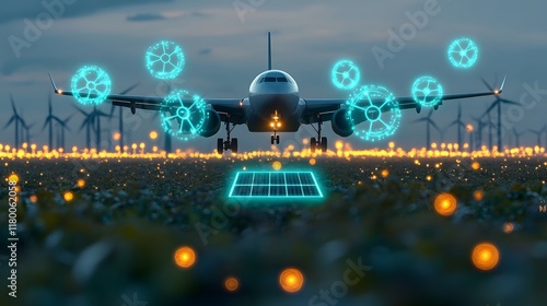 Jet Navigating Through Futuristic Wind Farm with Glowing Renewable Energy Icons