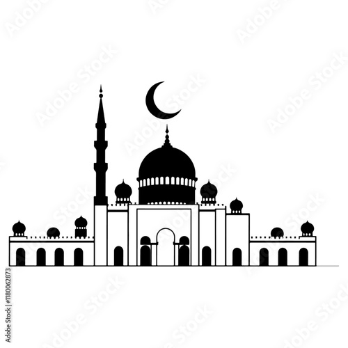 Silhouette of a mosque, stylized flat design. Islamic architectural structure with distinct domes, minarets, and arched entrances vector on white background